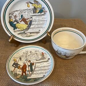 Old English teacup with saucer & small plate patterned countryside design